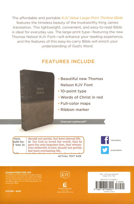 KJV, Value Thinline Bible, Large Print, Imitation Leather, Gray, Red Letter Edition