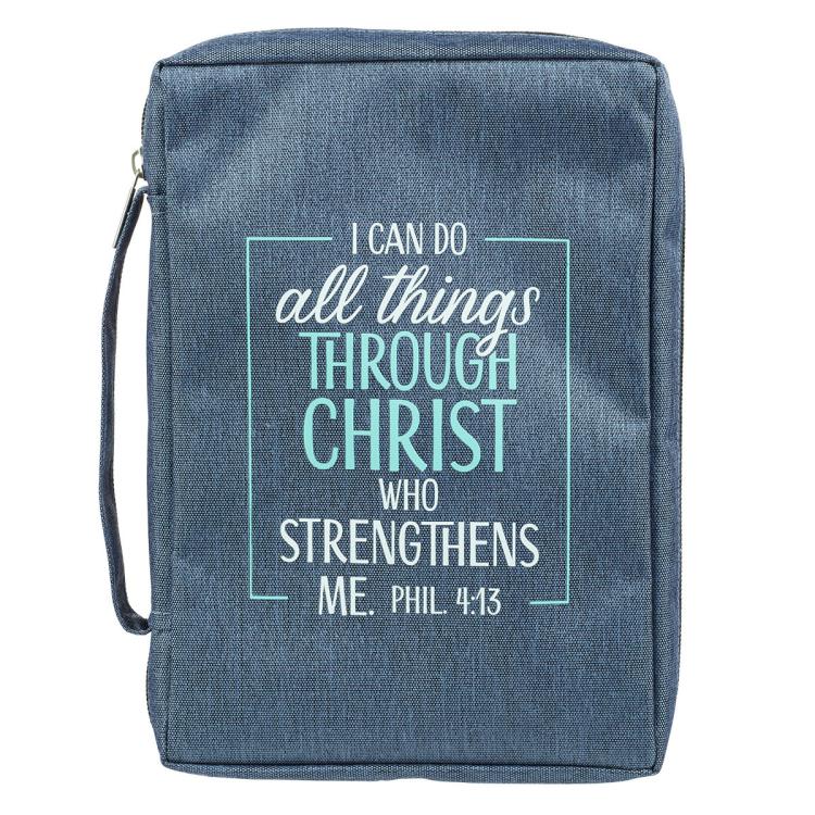 Bible Cover, Large Size, I can do all things through Christ who strengthens me- blue poly canvas