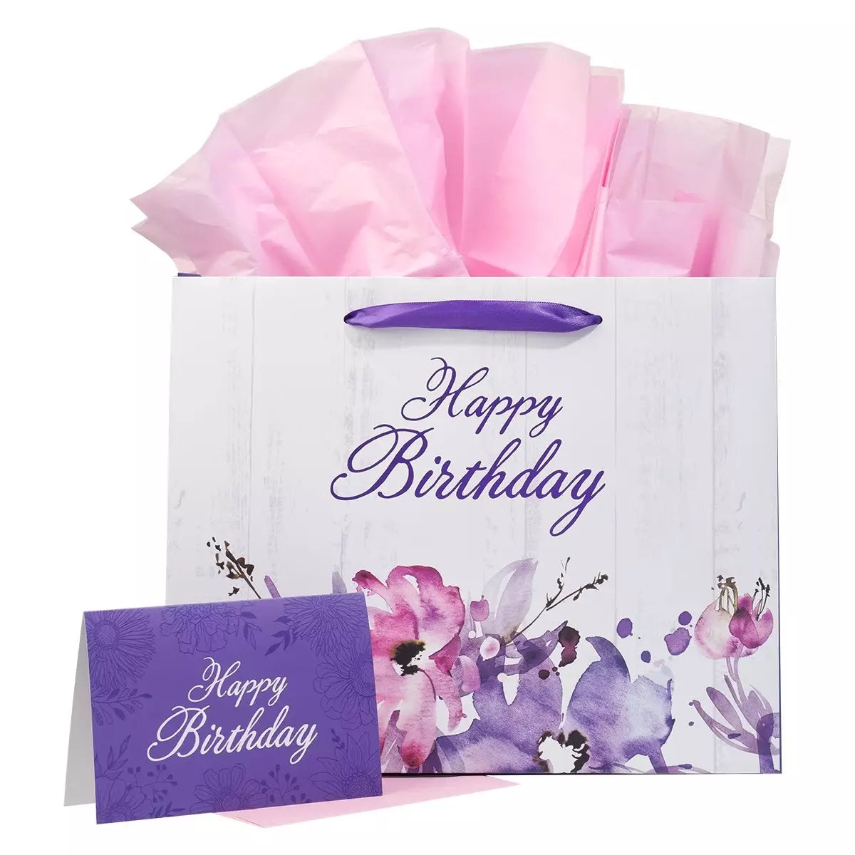 Happy Birthday Purple Floral Large Landscape Gift Bag and Card Set