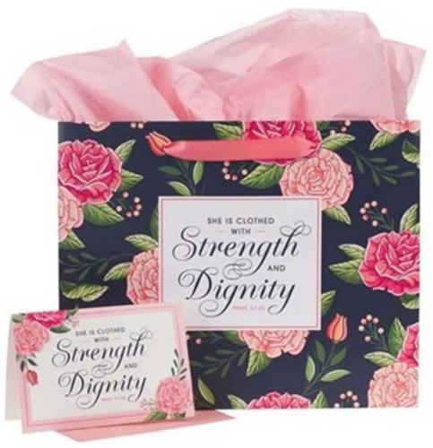 Strength and Dignity Pink Rose Large Landscape Gift Bag with Card Set - Proverbs 31:25