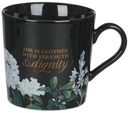Mug Black Floral Strength & Dignity Prov. 31:25