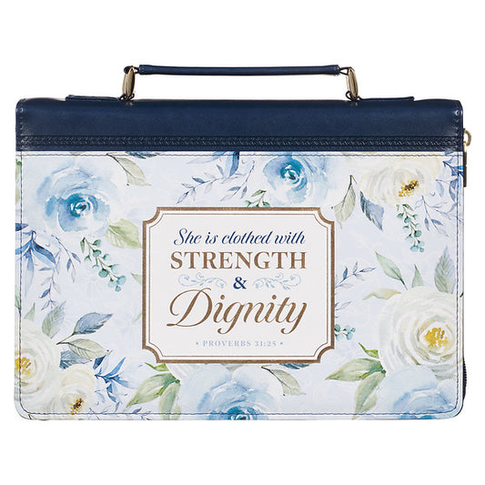 Strength and Dignity Indigo Rose Faux Leather Fashion Bible Cover - Proverbs 31:25, Large