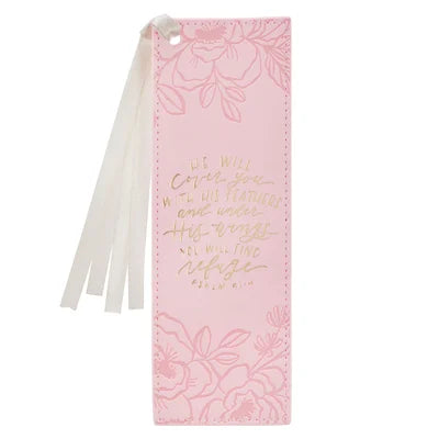 Under His Wings Pink Faux Leather Bookmark - Psalm 91:4