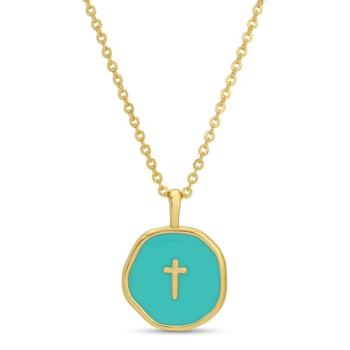 Necklace - Tiny cross aqua enamel pendant, Gold