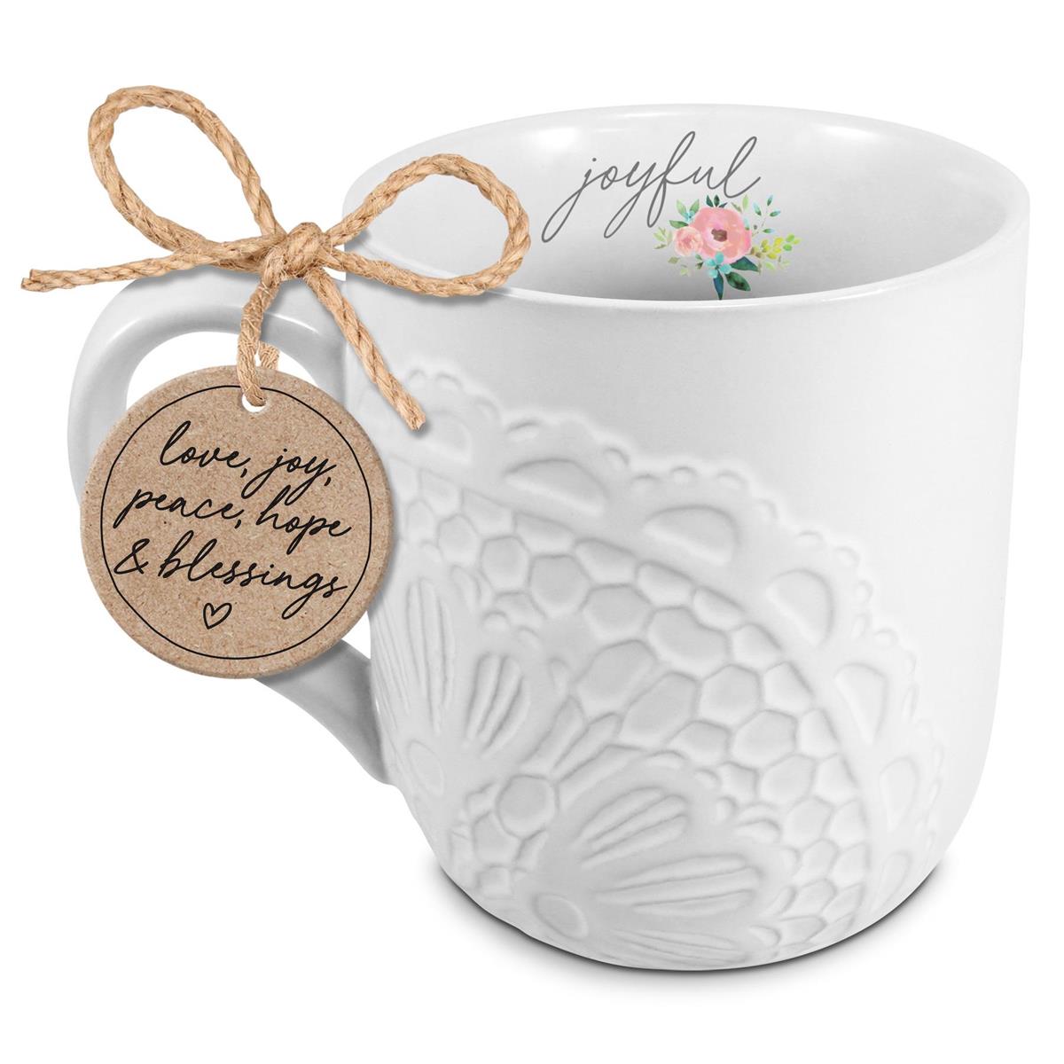 Mug Lace Textured Joyful White 16 oz