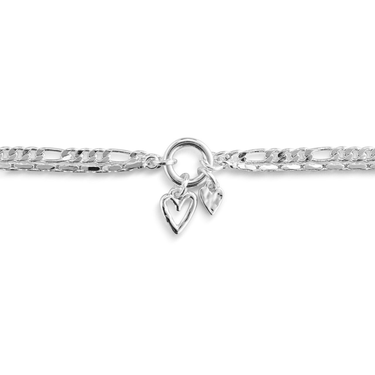 Double Heart Silver Charm Layered Bracelet