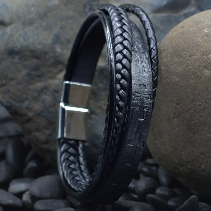 Men's Leather Stamped Cross - Eden Merry Bracelet