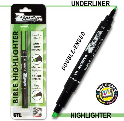 Zebrite Double Ended Bible Highlighter Set | No Bleed Pigmented Ink | No Fading or Smearing | Double Ended for Highlighting & Underlining |Green Ink