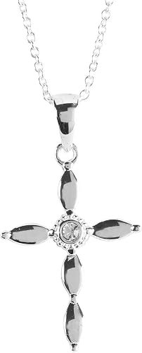 Petal Cross with CZ Center Stone - 18 Inch Silver Plated Stainless Steel Cable Chain