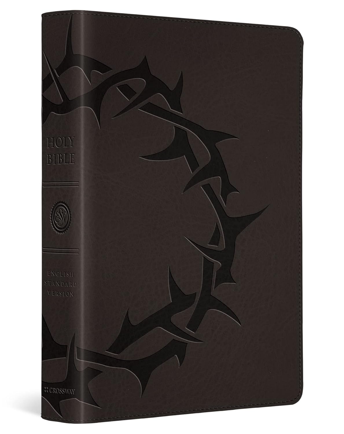 ESV Large-Print Compact Bible--soft leather-look, charcoal with crown design