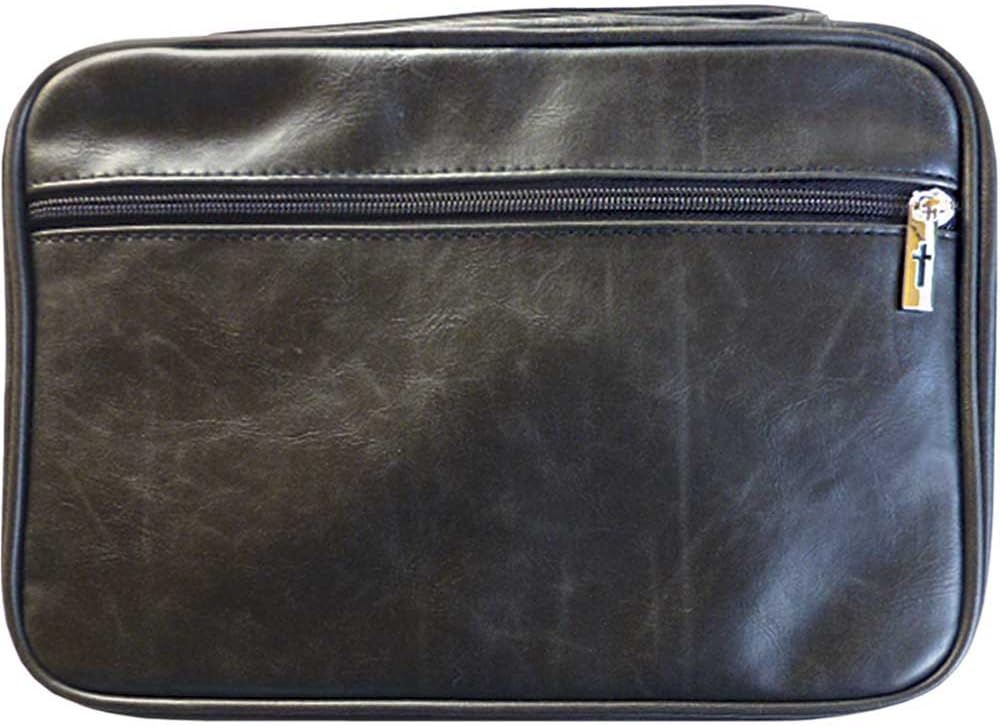 Black Zipper Pocket Leather Distressed Bible Cover Case with Handle, X-Large