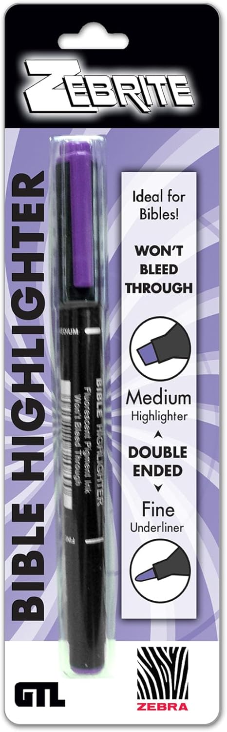 Zebrite Double Ended Bible Highlighter Set | No Bleed Pigmented Ink | No Fading or Smearing | Double Ended for Highlighting & Underlining |Violet Ink