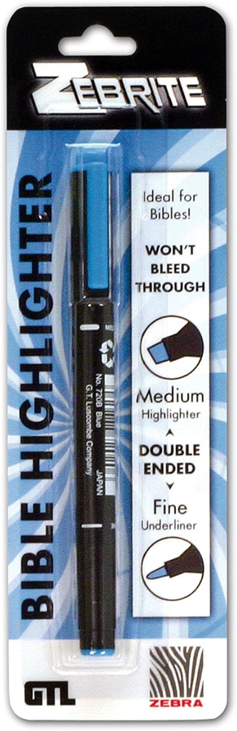 Zebrite Double Ended Bible Highlighter Set | No Bleed Pigmented Ink | No Fading or Smearing | Double Ended for Highlighting & Underlining |Blue Ink