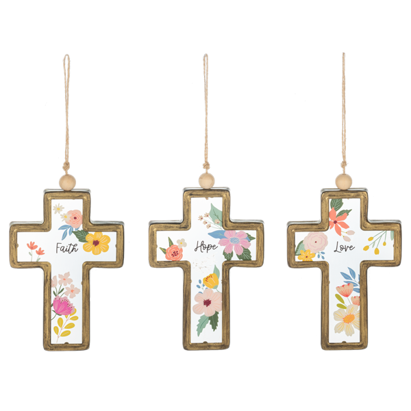 Love, Hope, Faith Floral Cross Ornament