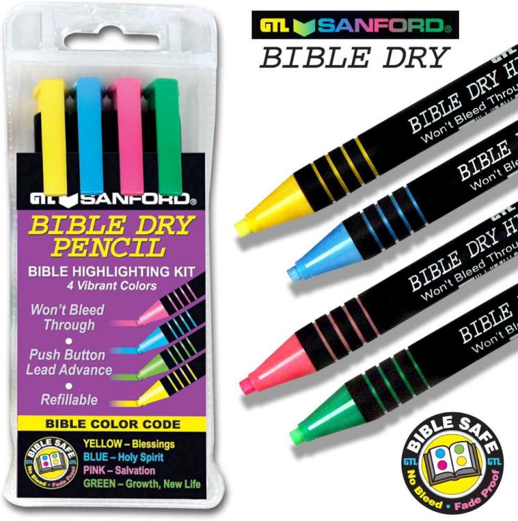 Bible Dry Highlighting Kit | No Bleed Eco-Friendly Refillable Dry Highlighters | No Sharpening | No Smearing or Fading | Yellow, Blue, Pink, Green (Set of 4)