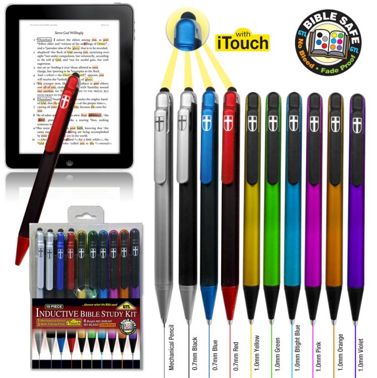 10 Piece Inductive Bible Study Pen/Pencil Set | No Smearing or Fading | Cross Imprint | No Bleed Pigmented Ink Black, Blue, Red, Yellow, Green, Pink, Orange, Violet
