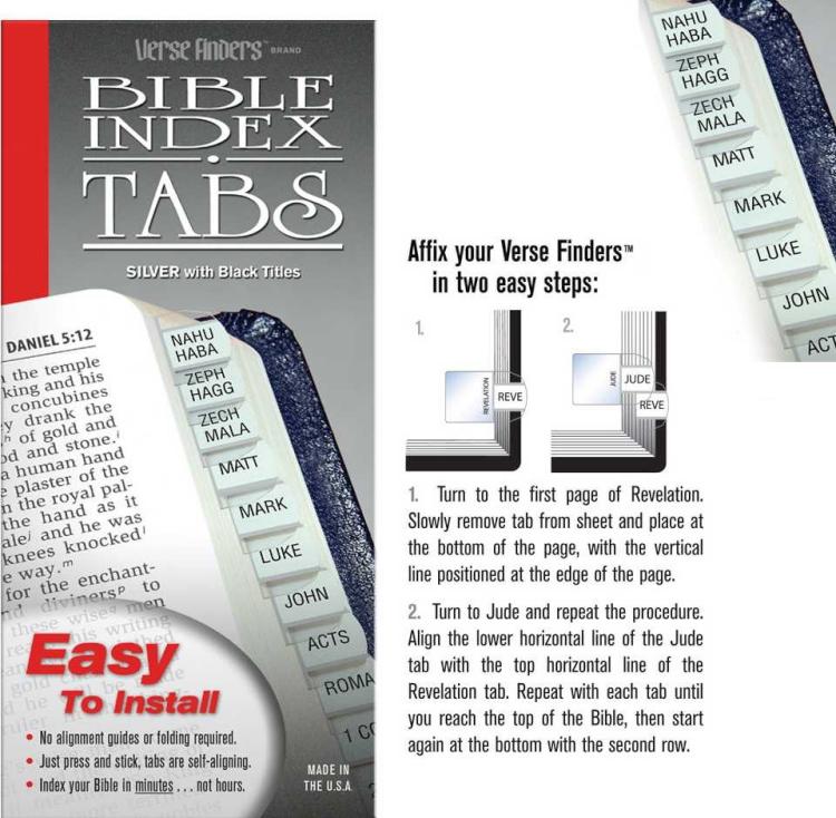 Silver Verse Finder Bible Tabs | Easy to Install, Self-Aligning, Just Press & Stick | Horizontal Text | Complete Set of Tabs for The Old & New Testaments
