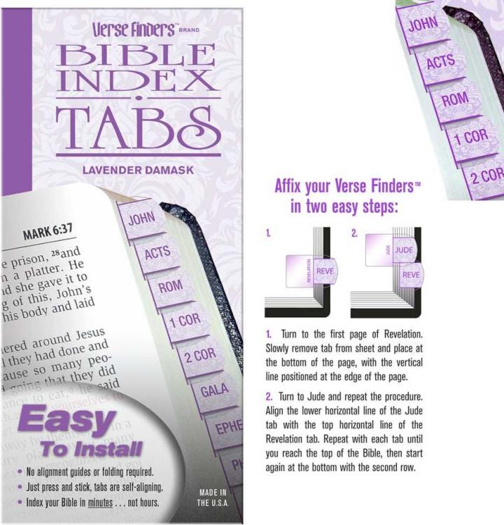 Lavender Damask Verse Finder Bible Tabs | Easy to Install, Self-Aligning, Just Press & Stick | Horizontal Text | Complete Set of Tabs for The Old & New Testaments