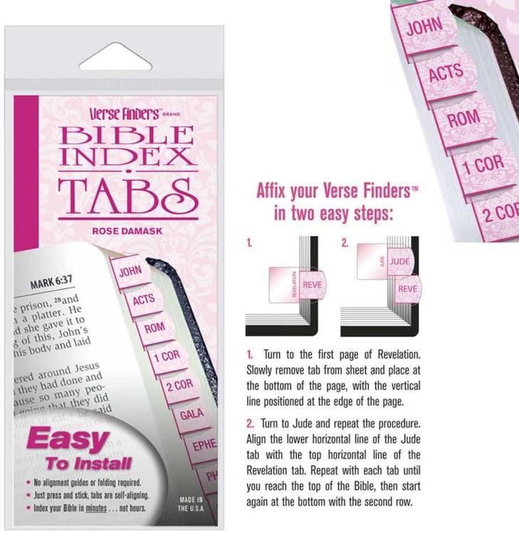 Rose Damask Verse Finder Bible Tabs | Easy to Install, Self-Aligning, Just Press & Stick | Horizontal Text | Complete Set of Tabs for The Old & New Testaments