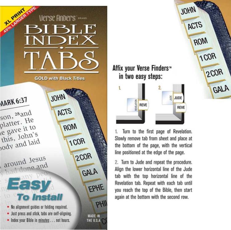 Gold XL Print Verse Finder Bible Tabs | Easy to Install, Self-Aligning, Just Press & Stick | Horizontal Text | Complete Set of Old & New Testaments Tabs | Large Print