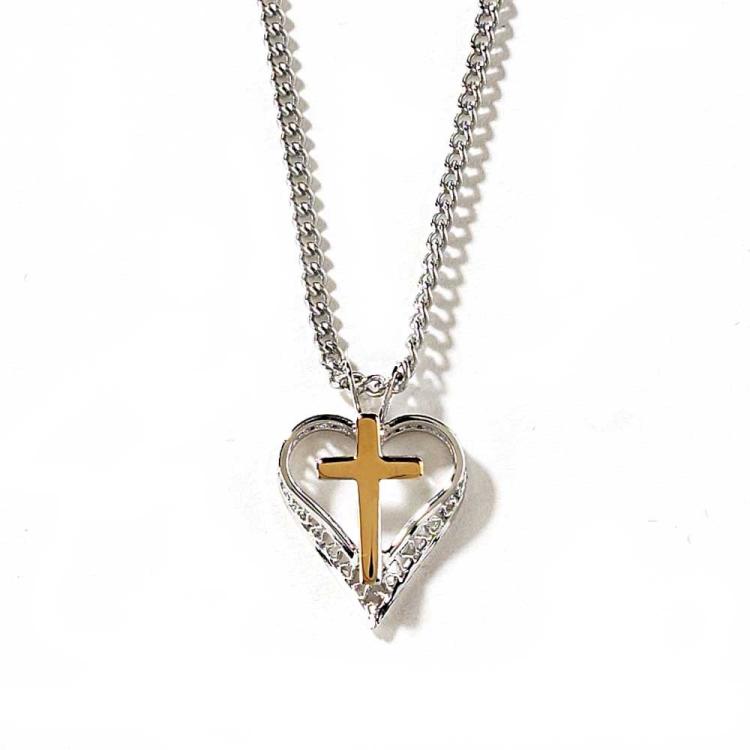 Silver Plated Open Heart W/ Gold Cross Necklace, 18" Chain