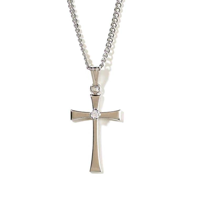 Flared Cross With CZ Silver Necklace, 18" chain