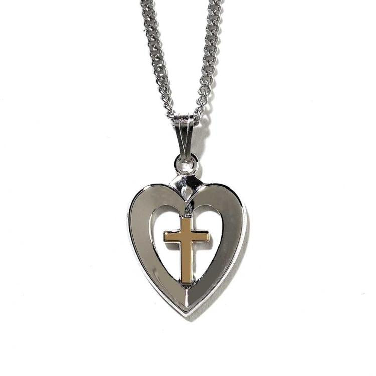 Silver Plated Heart With Plated Cross Necklace, 18" Chain