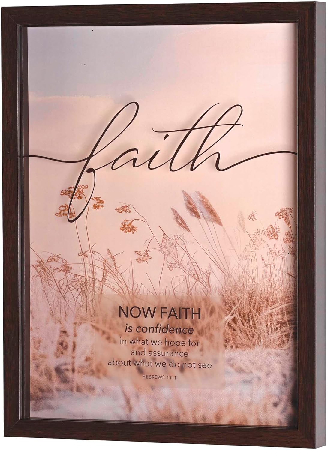 Now Faith Is Confidence - Hebrews 11:1-13 x 17 Inch Walnut Brown MDF Wood and Glass Shadowbox Block Sign