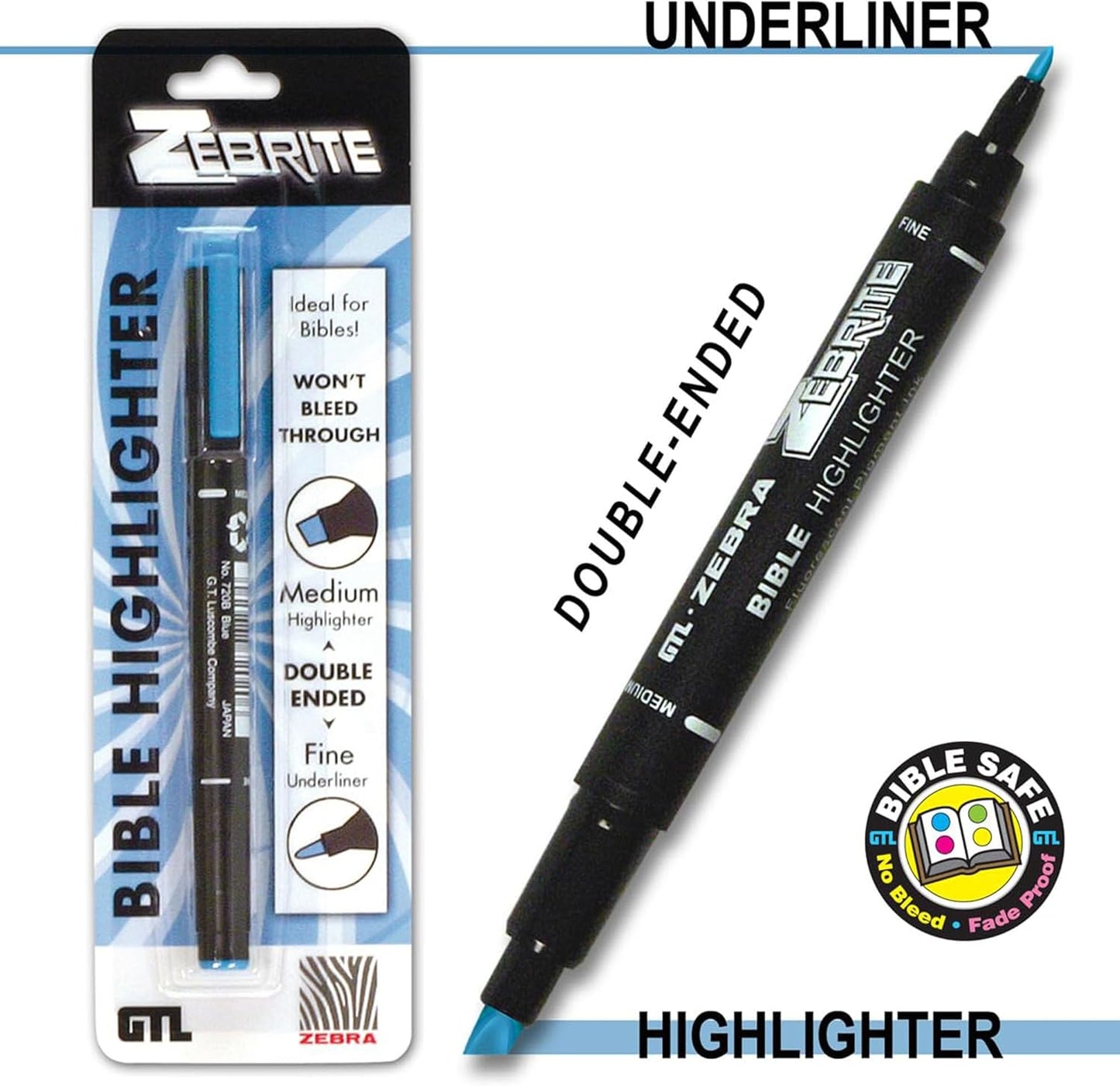 Zebrite Double Ended Bible Highlighter Set | No Bleed Pigmented Ink | No Fading or Smearing | Double Ended for Highlighting & Underlining |Blue Ink