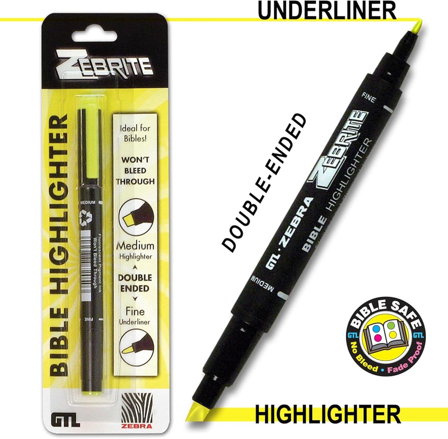 Zebrite Double Ended Bible Highlighter Set | No Bleed Pigmented Ink | No Fading or Smearing | Double Ended for Highlighting & Underlining |Yellow Ink