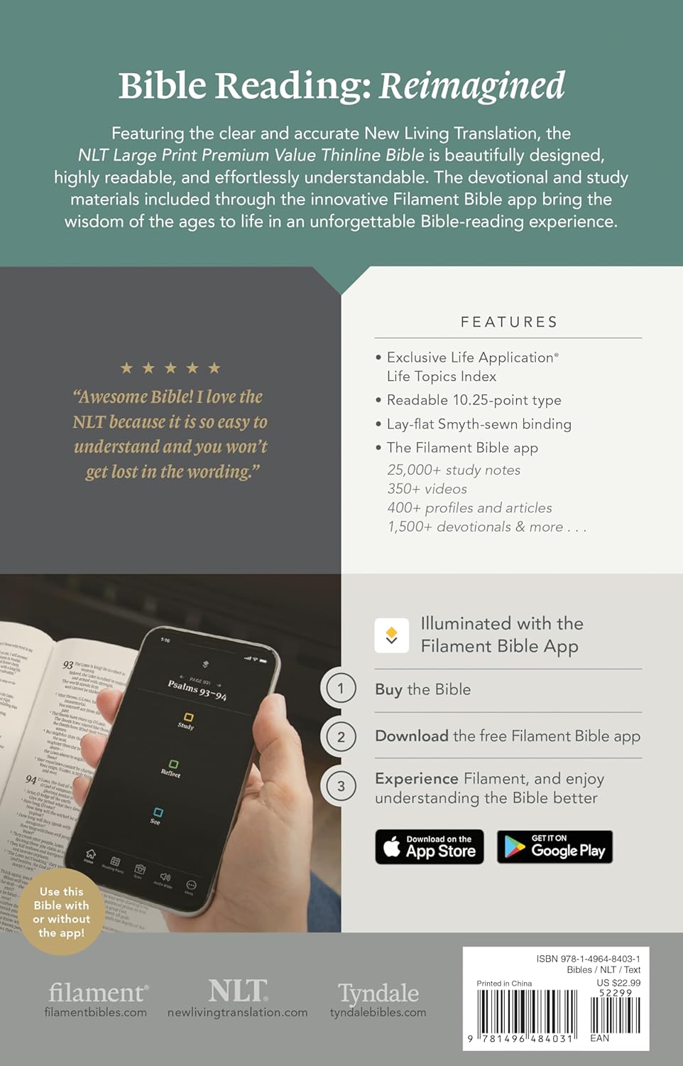 NLT Large Print Premium Value Thinline Bible, Filament Enabled (LeatherLike, Black Cross)