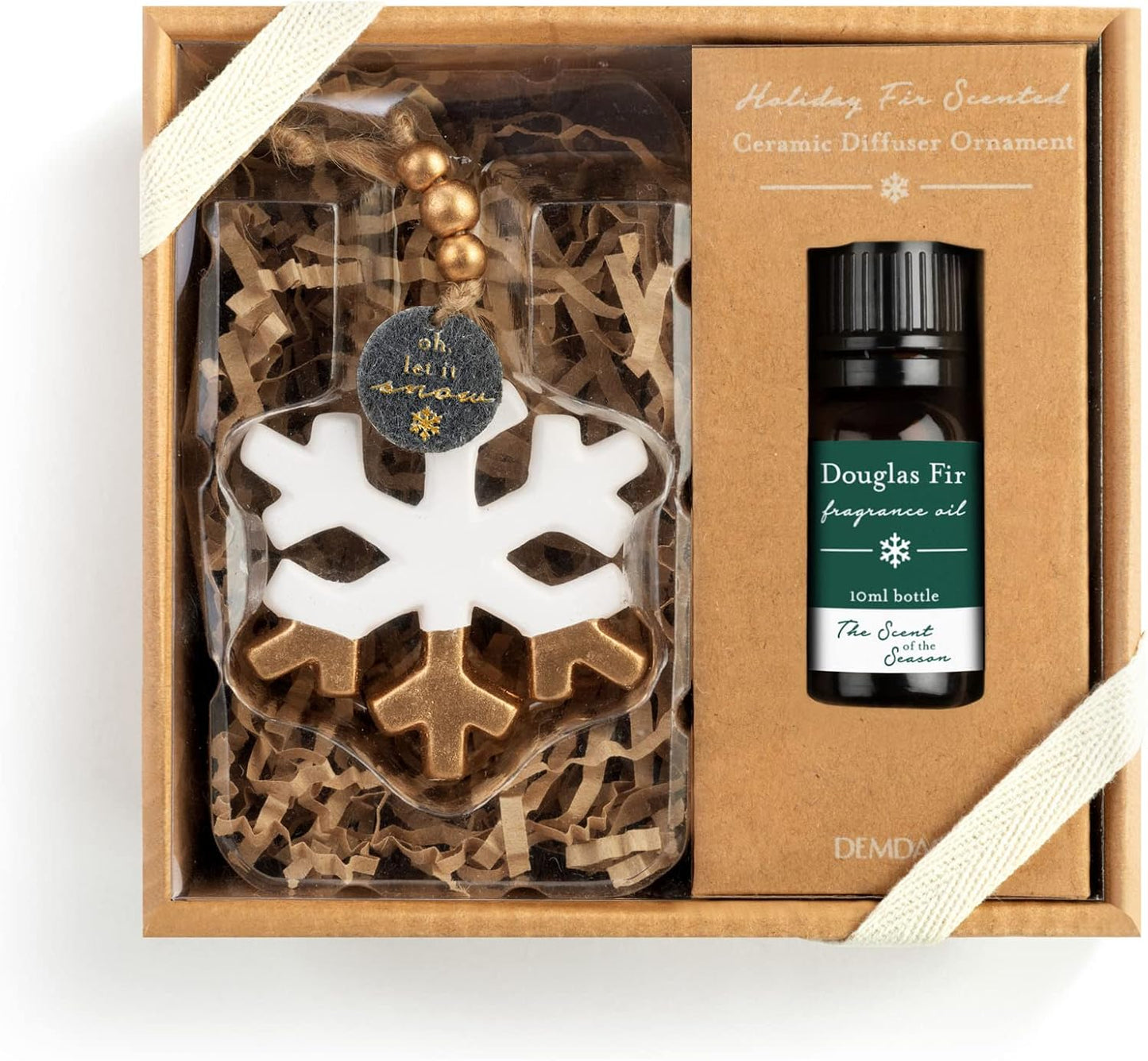 Snowflake Gold Tone and White 2.5 Inch Fragrance Oil Diffuser Hanging Christmas Ornament 2 PC Set