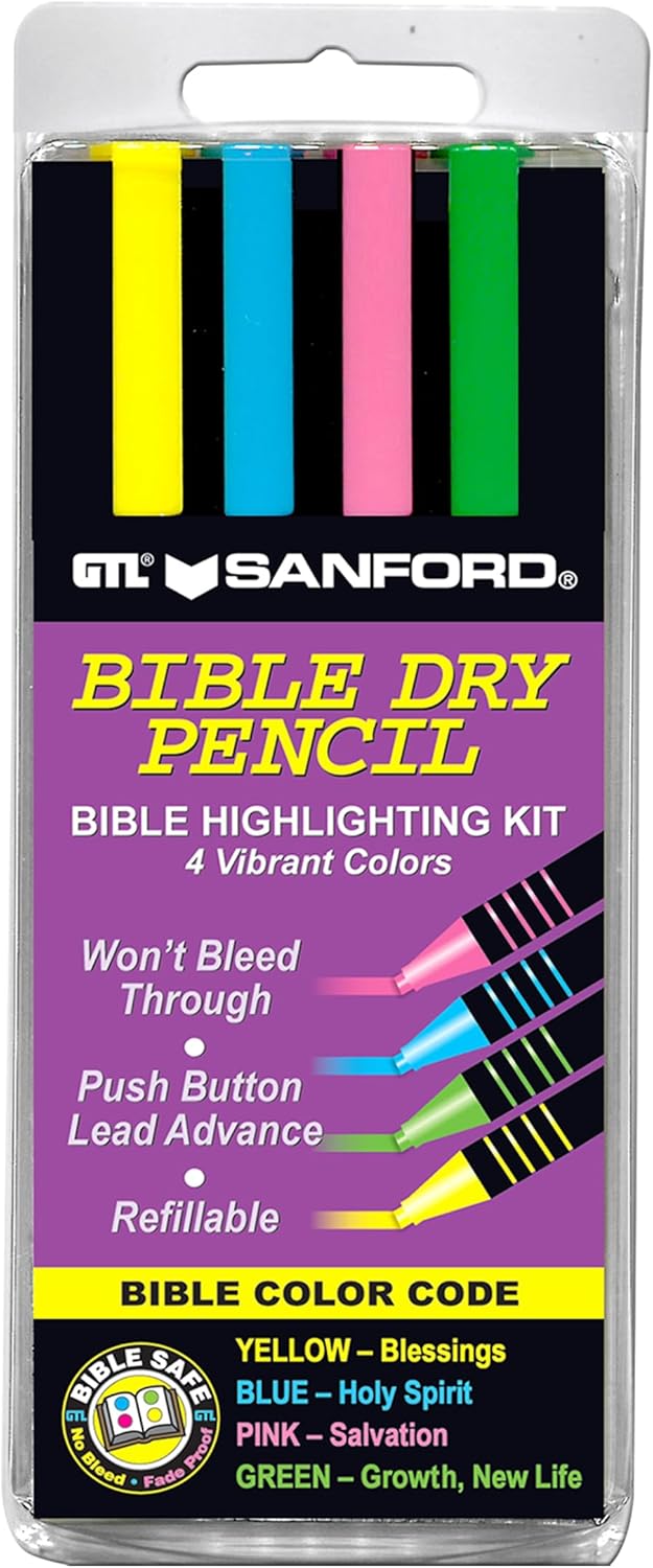 Bible Dry Highlighting Kit | No Bleed Eco-Friendly Refillable Dry Highlighters | No Sharpening | No Smearing or Fading | Yellow, Blue, Pink, Green (Set of 4)