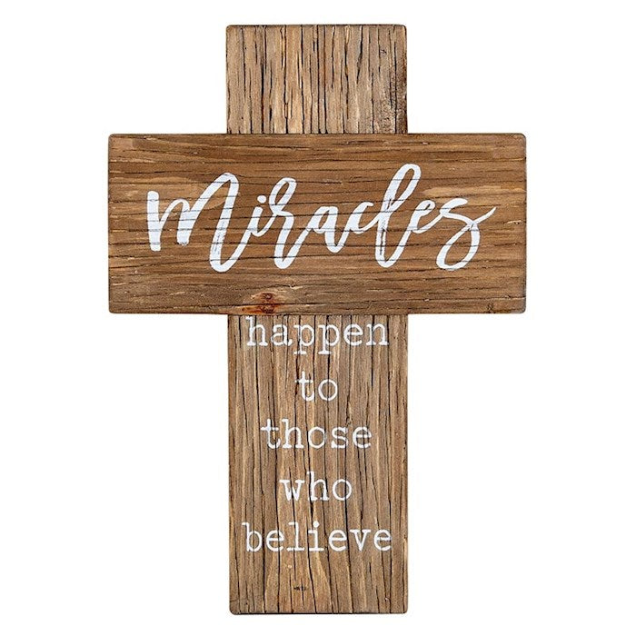 Miracles Happen Wall Cross-Fir Wood- (12″H)