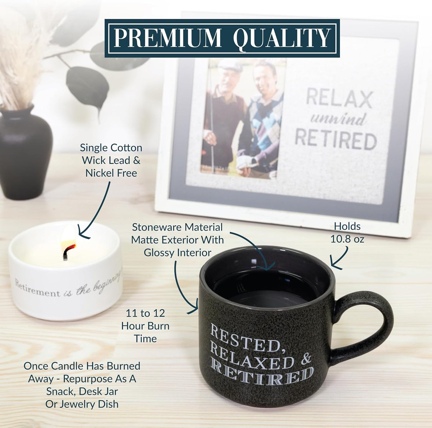Rested, Relaxed, Retired - 4 Oz Candle & 10.8 Oz Mug