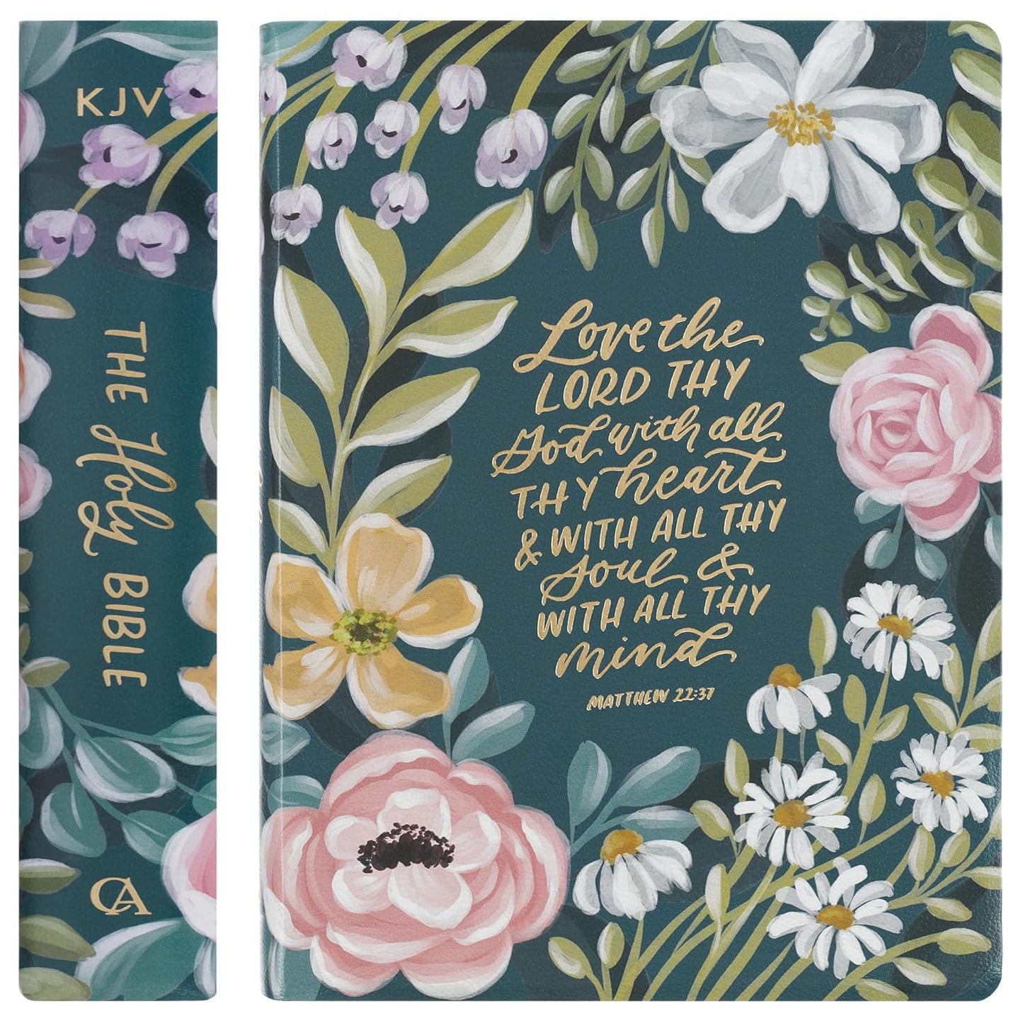Teal Floral Ally Collection Large Print Faux Leather King James Version Note-taking Bible - Matthew 22:37