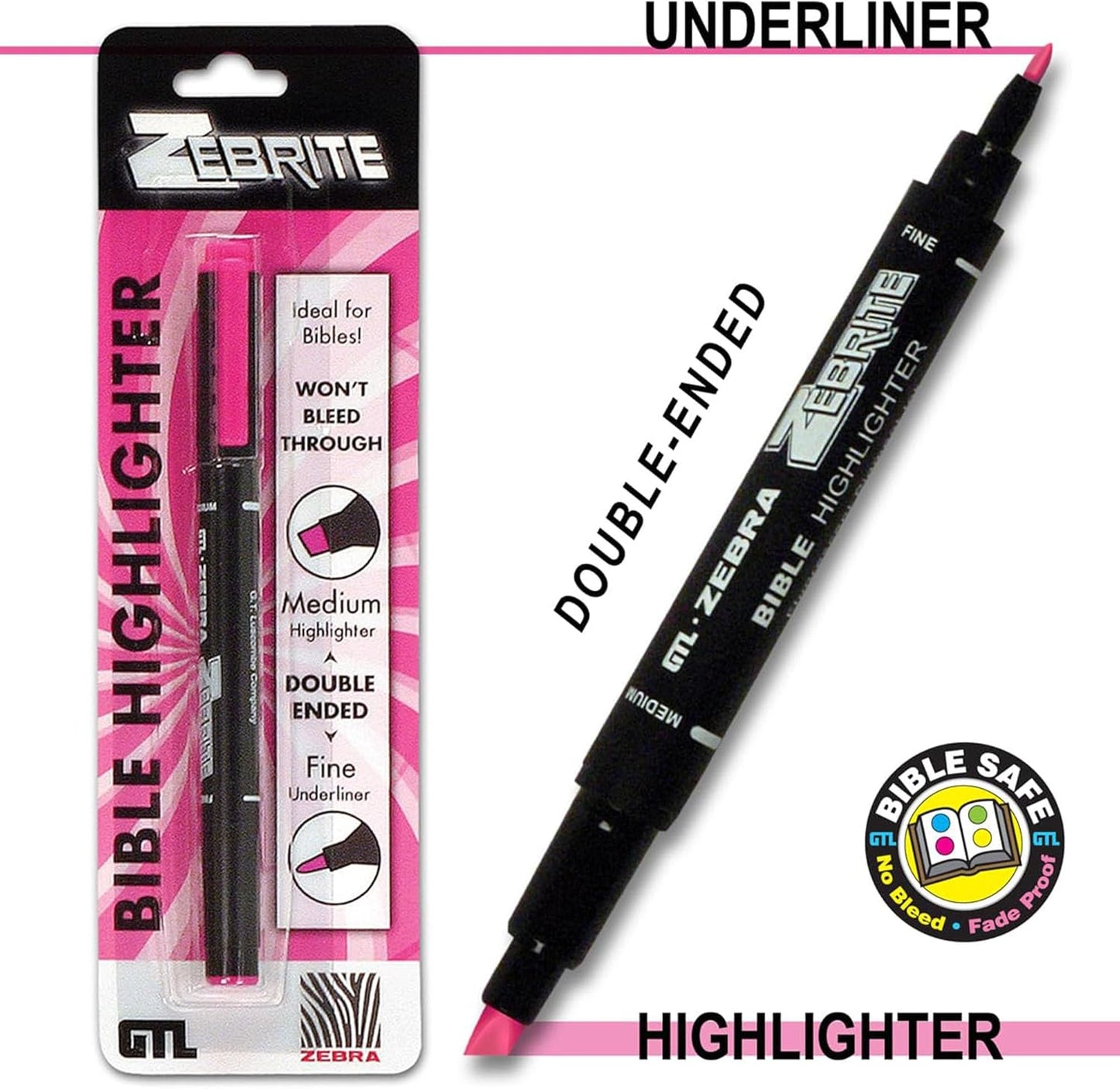 Zebrite Double Ended Bible Highlighter Set | No Bleed Pigmented Ink | No Fading or Smearing | Double Ended for Highlighting & Underlining |Pink Ink