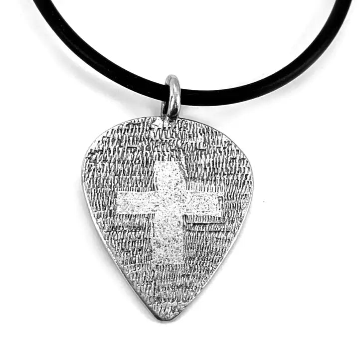 Cross Guitar Pick Pewter Necklace