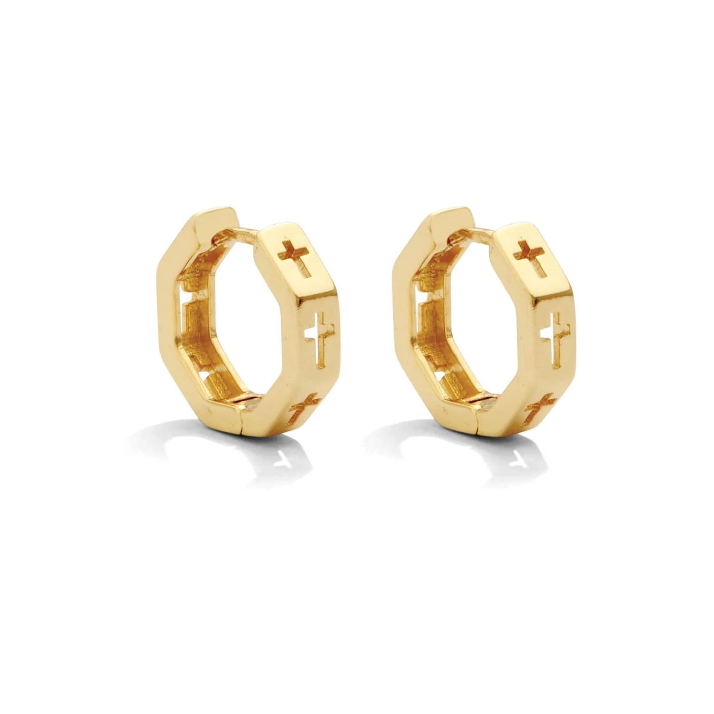 Earrings - Octogon huggies with cross cut out, Gold