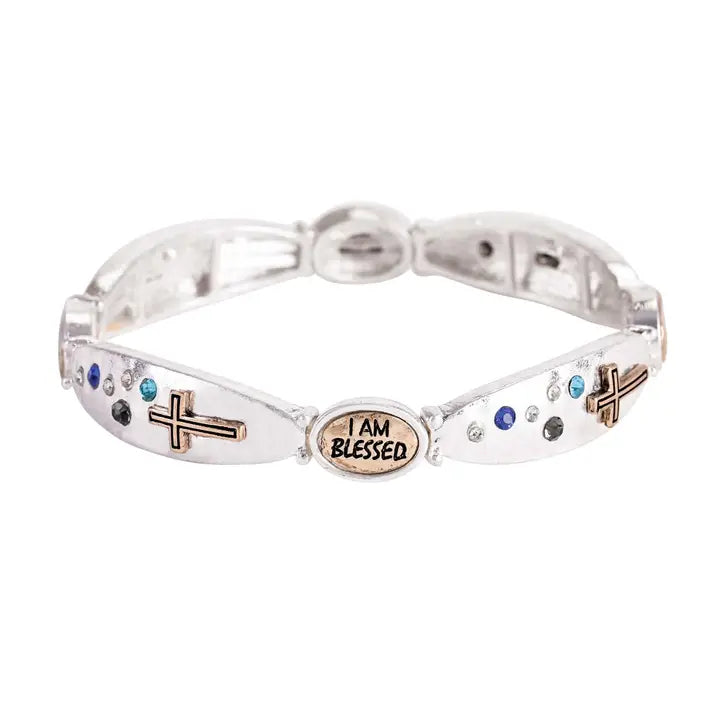 Bracelet Rhinestone Inscribed with I Am Blessed 2Tone