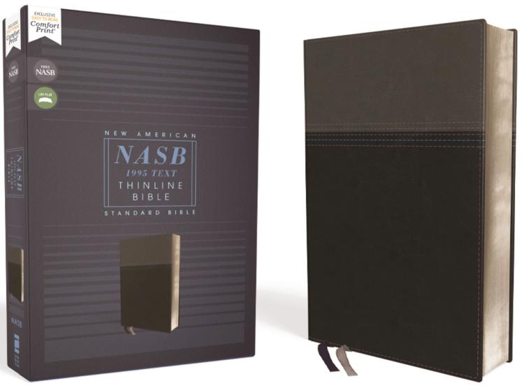 NASB Comfort Print Thinline Bible, Red Letter Edition--soft leather-look, black