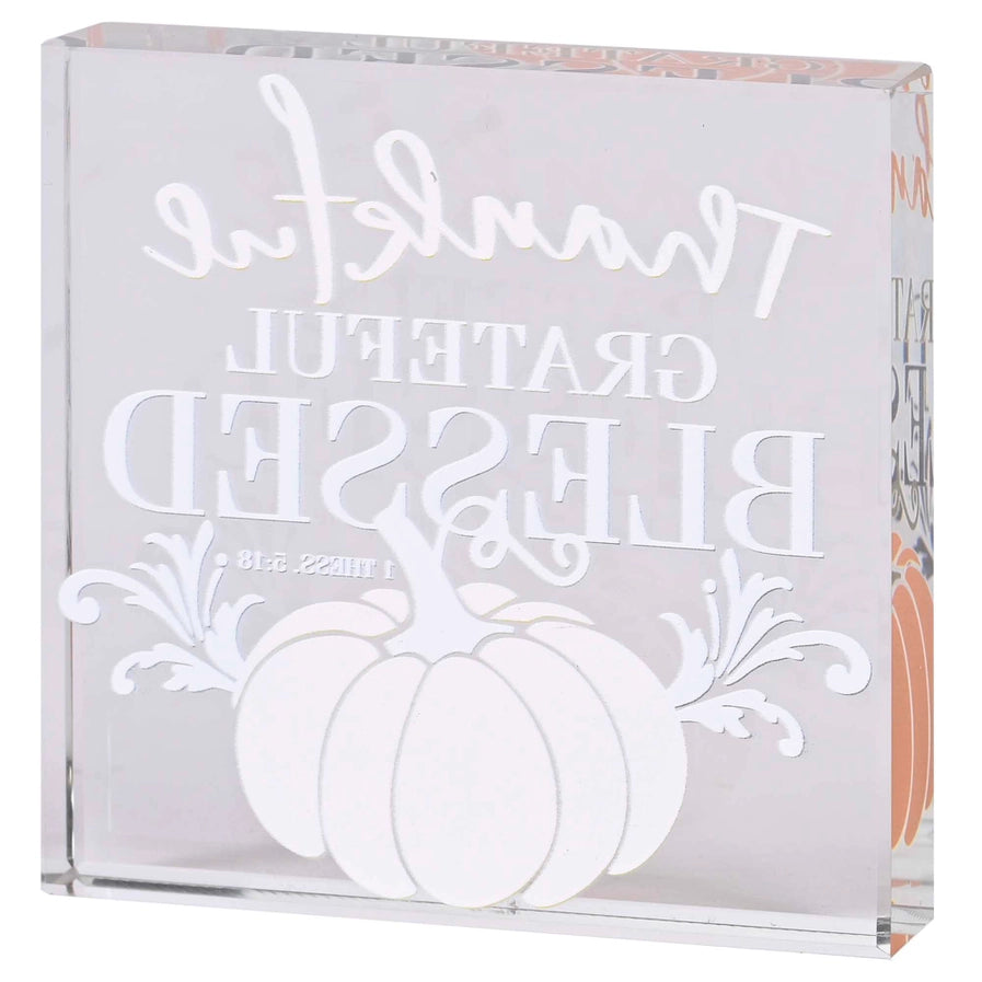 Tabletop Glass Plaque Pumpkin Thankful