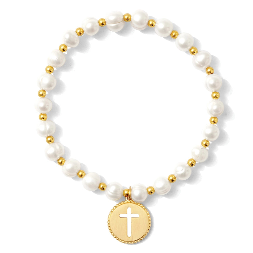 Pearl with Cross Bracelet, Gold