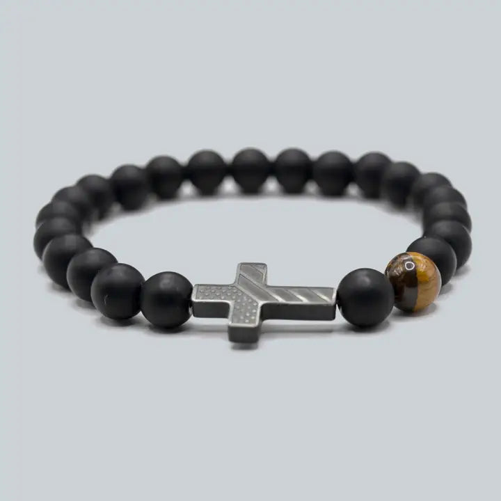 To My Dad Matte Black/Tiger Eye Stone Cross Stretch Bracelet