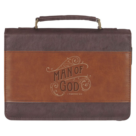 Man of God Honey-Brown and Espresso Faux Leather Bible Cover - 1 Timothy 6:11, Large