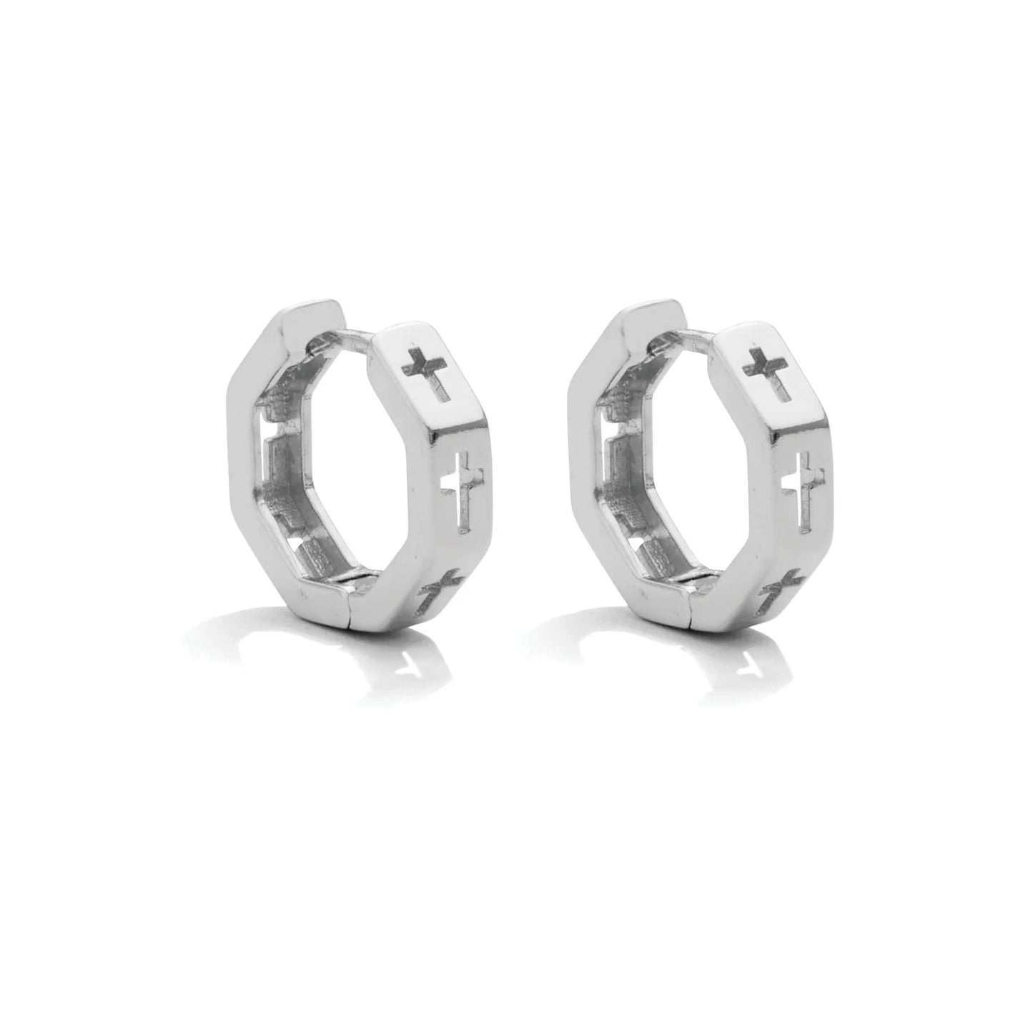 Earrings - Octogon huggies with cross cut out, Silver