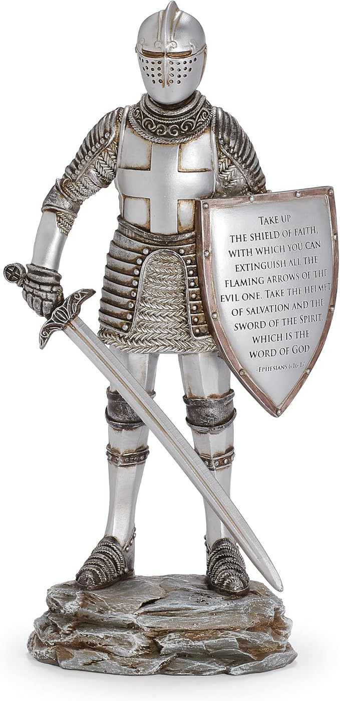 Roman Armor of God Knight Statue with Shield and Sword, Ephesians 6:16-17 Scripture Figurine, 12" H Christian Home Décor
