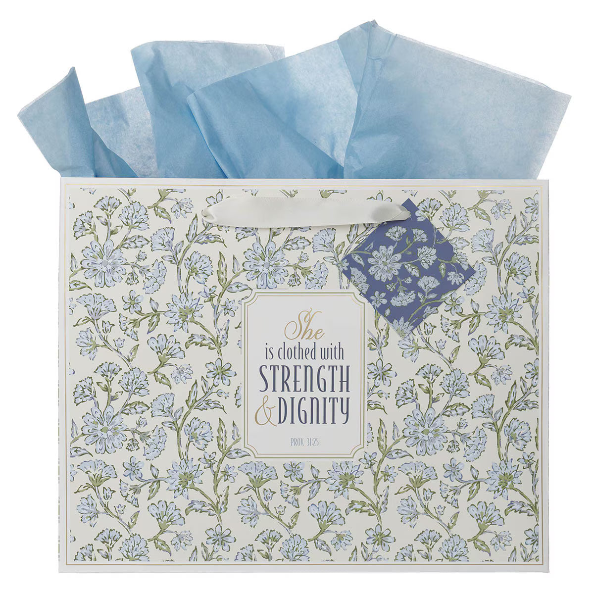 Strength and Dignity Blue Cottage Garden Large Landscape Gift Bag - Proverbs 31:25