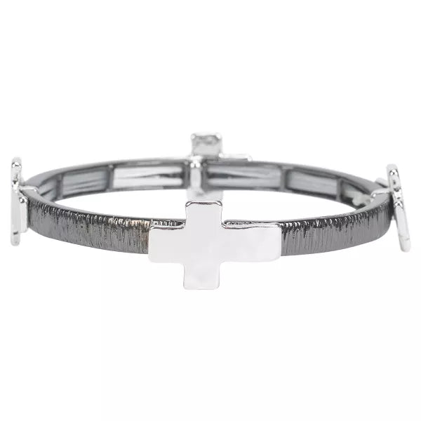 Hammered Silver Cross with Textured Gunmetal Tile Stretch Bracelet
