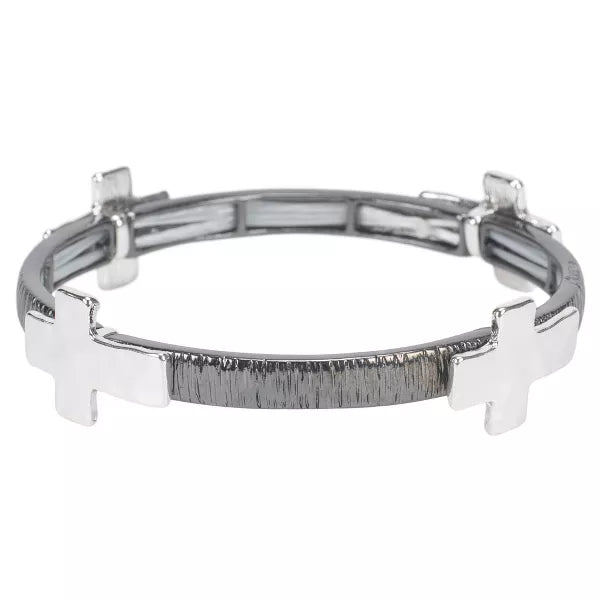 Hammered Silver Cross with Textured Gunmetal Tile Stretch Bracelet